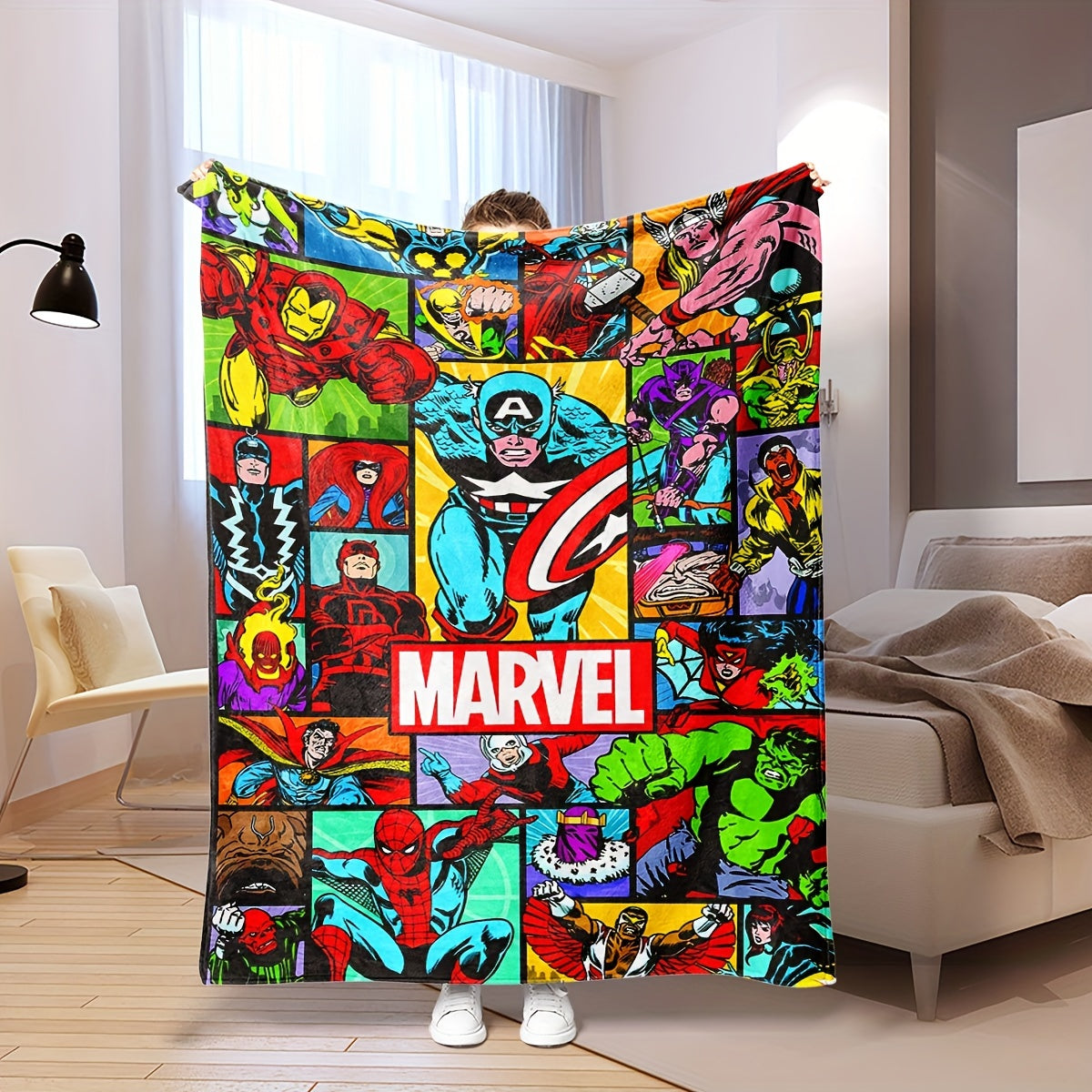 Cozy up with this Marvel Superhero Plush Throw Blanket featuring a vivid digital print. Made for all seasons, this knit bedding is perfect for the sofa, travel, camping, bedroom, and even the car. It's the ideal gift for your son.