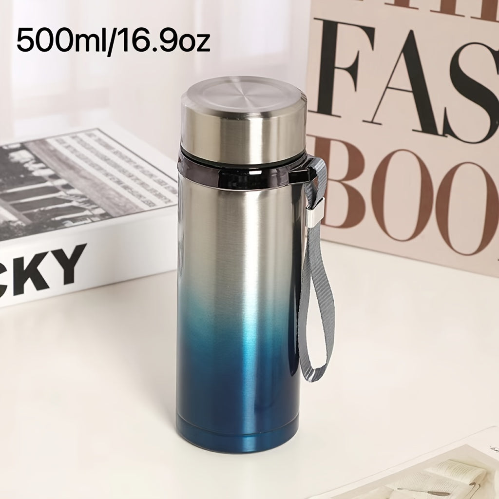 Men's large stainless steel portable travel mug with tea strainer, available for wholesale.