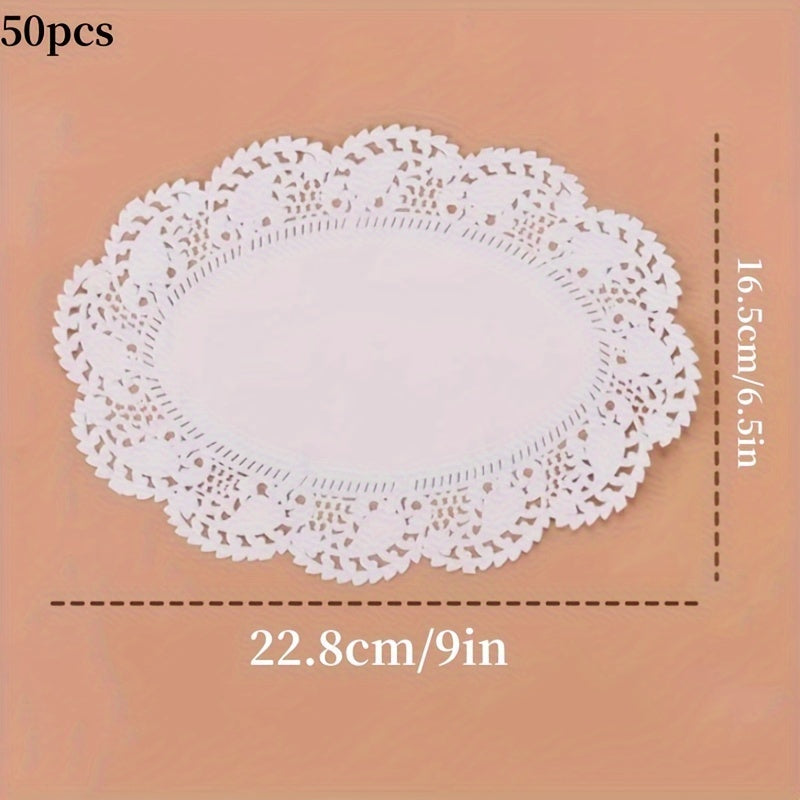 50 pieces each of lace paper, oil absorption paper pads, lace rolls, fried dim sum cakes, flower base paper, baking paper, food pads, pizza paper, and cake pads in three different shapes.