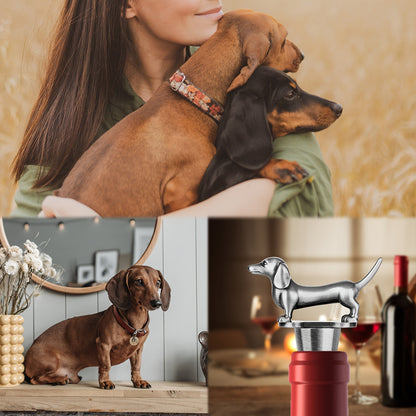 Zinc Dachshund-shaped wine and champagne bottle stopper for bar preservation.