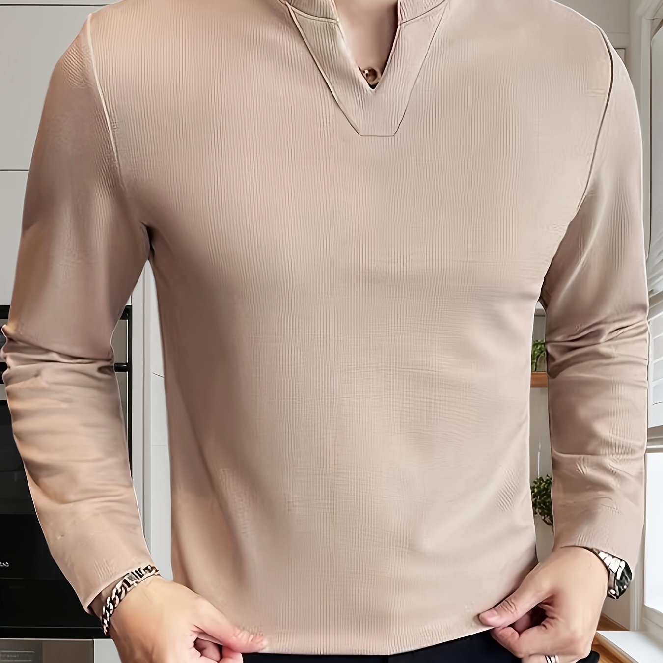 Men's Casual V-Neck Long Sleeve T-Shirt in Polyester Blend, Solid Color with Slight Stretch, Breathable Waffle Texture, Regular Fit for Spring/Fall - Adult