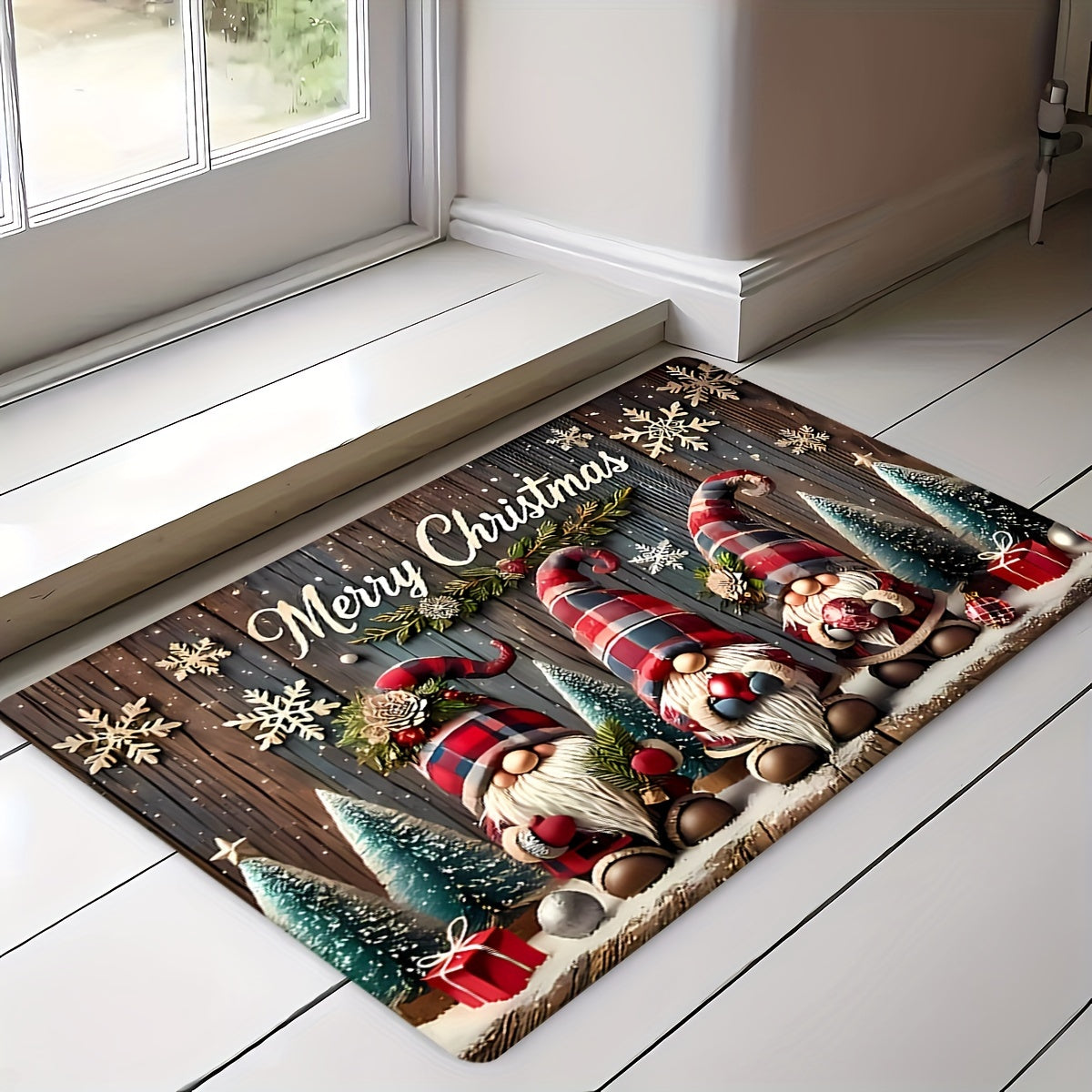 Welcome guests with the Christmas Gnome Doormat, a polyester area rug that is machine washable and features a low pile knit weave. This festive holiday decor piece comes with indoor anti-slip backing, making it perfect for use in your home, bedroom