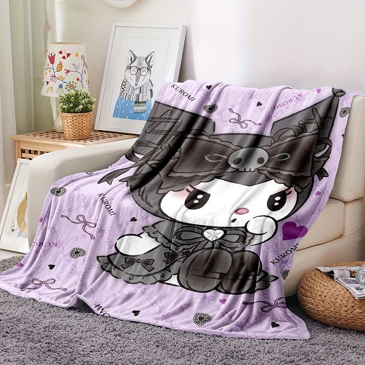 Get cozy with the Sanrio Kuromi Flannel Fleece Blanket featuring a vibrant digital print cartoon pattern. This all-season multipurpose throw is perfect for the living room, bedroom, camping, or travel. Made of 100% polyester, this blanket weighs