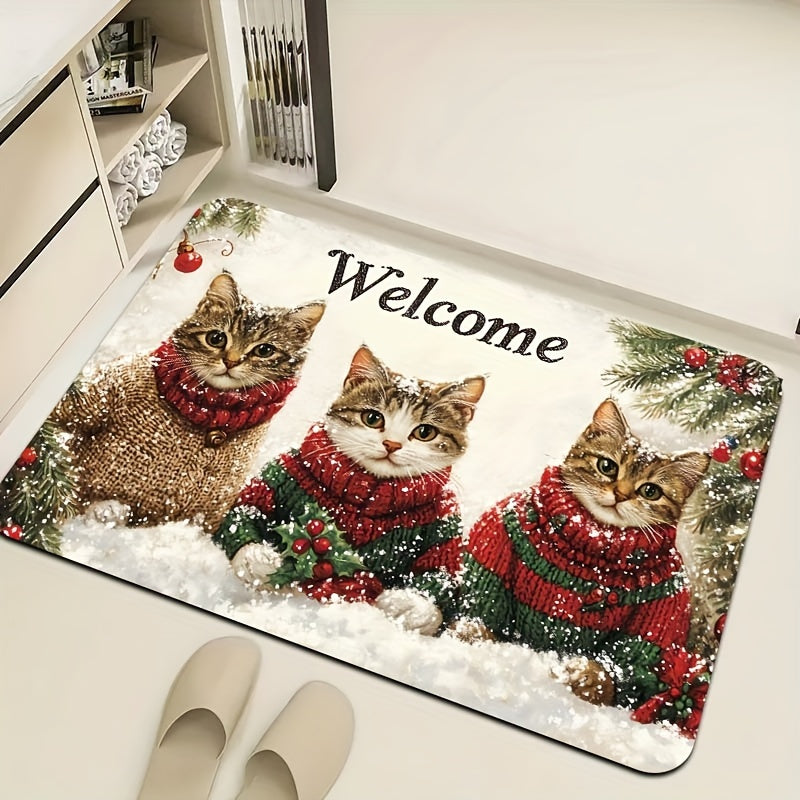 Welcome your guests with the festive 3 Cats Christmas Welcome Mat! This rectangular rug is 8mm thick and made of machine washable polyester with a PVC backing. Its durable construction allows it to be used indoors in doorways, kitchens, bathrooms, living