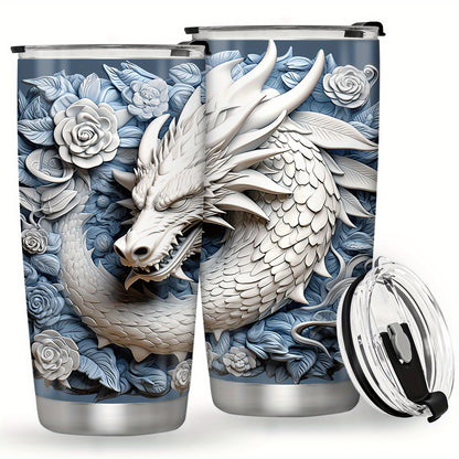 Stainless steel tumbler featuring a 3D dragon design, leak proof and BPA free. Vacuum insulated for outdoor activities. Ideal gift for holidays and birthdays.