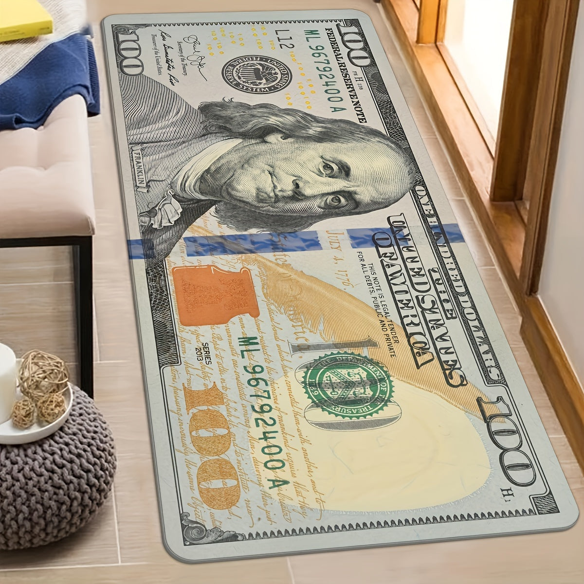 Non-Slip Runner Rug with Creative $100 Bill Design - Suitable for Bedroom, Kitchen, Laundry Room, and Hallway | Machine Washable Polyester Carpet with Anti-Skid Backing | Great for Halloween, Christmas, Easter, and Thanksgiving Decor | Low Pile