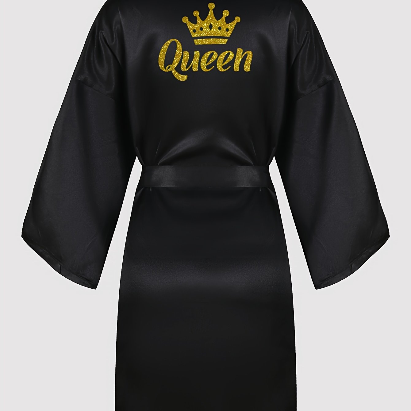 Queen letter pattern night robe with 3/4 sleeves, V-neck, belt, and women's sleepwear.