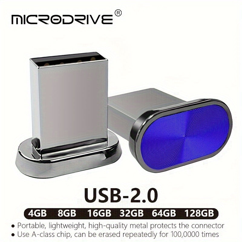 MICRODRIVE USB 2.0 Flash Drives - High-speed metal pen drive with portable button design. Available in multiple capacities: 8GB, 16GB, 32GB, 64GB, 128GB. Fully compatible with PC, laptop