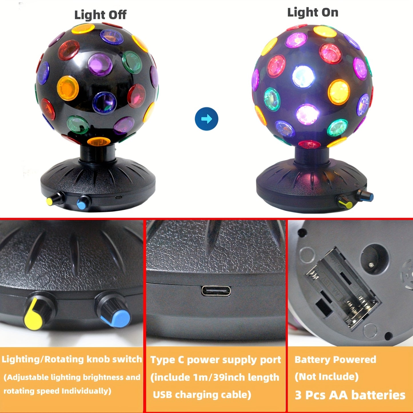 Upgraded LED Disco Ball Night Light rotates 360° with adjustable speed and brightness. Perfect for parties, holidays, clubs, and bars. Can be powered by USB or batteries. Ideal for stress relief and lighting effects.