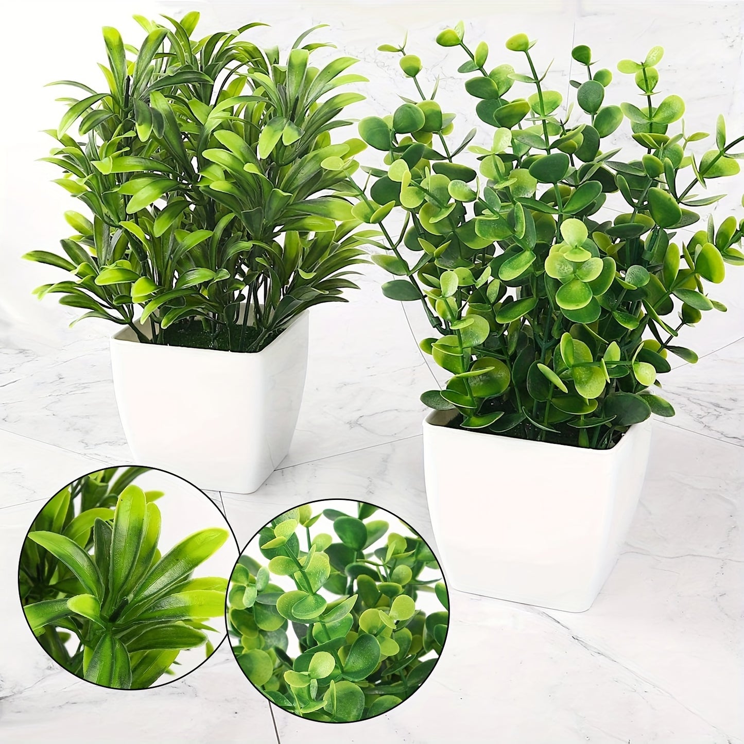 2 artificial mini potted plants with green eucalyptus leaves for summer home or desk decor.