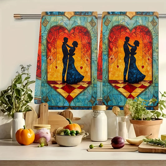 This collection includes two luxuriously soft kitchen towels showcasing an enchanting scene of a couple learning to dance in a class. The intricate artwork captures the pair mastering new steps under the guidance of their instructor, all set on a dance