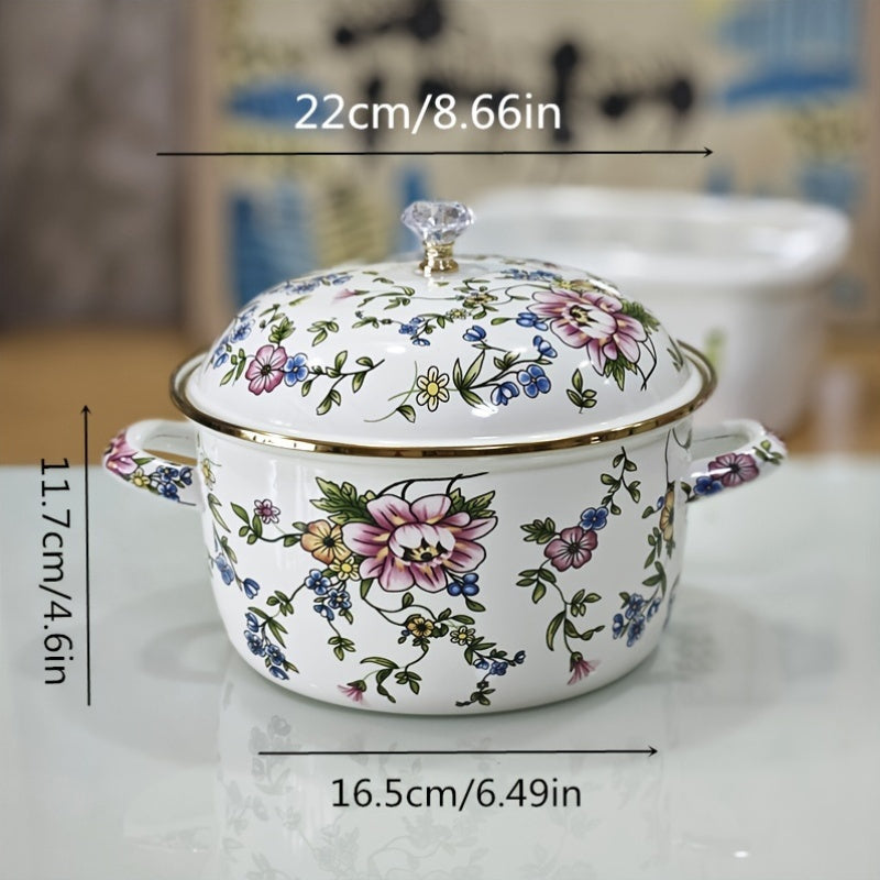 Enamel Stockpot with Lid, Floral Design and Double Handle Cooking Pot for Home Kitchen Soup, Stew, and Casseroles.