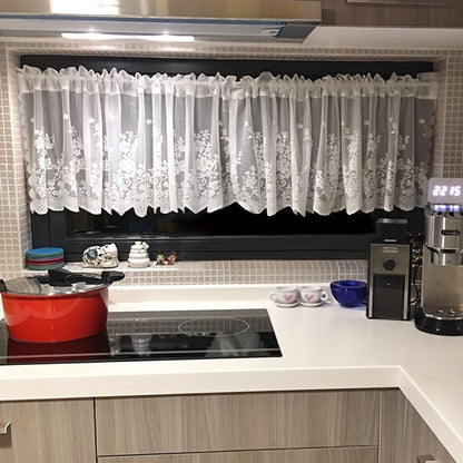 This affordable Lace Small Flower Cafe Curtain is dainty and charming, perfect for adding a touch of elegance to your kitchen or dining room. The curtain features a rod pocket design and is made of delicate white lace, making it suitable for window and