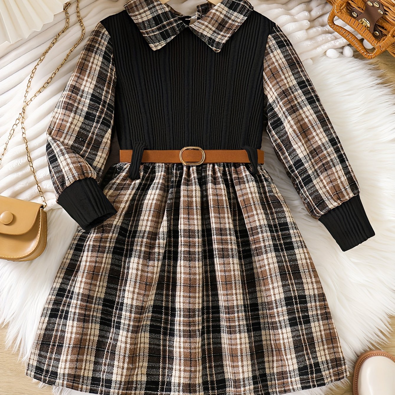 Long sleeve, collared knit fabric dress for spring and autumn fashion. Elegant girls' plaid patchwork dress with belt.