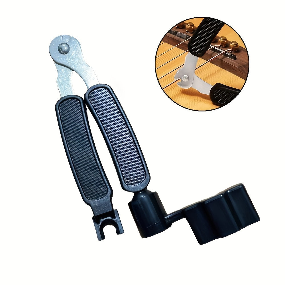 3-in-1 Guitar Tool makes string changes easy for various instruments.