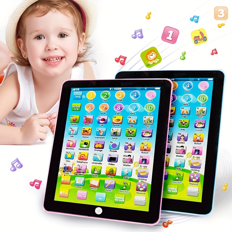 Educational tablet toy for children with interactive learning games in music, numbers, spelling, words, and alphabets. Battery-powered.