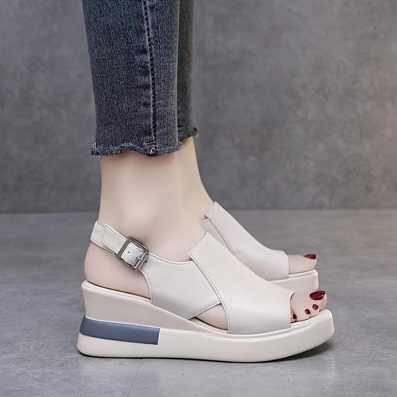 Women's platform wedge sandals with ankle buckle, open toe slip-on, man-made upper, TPU sole, hand washable for all-season comfort.