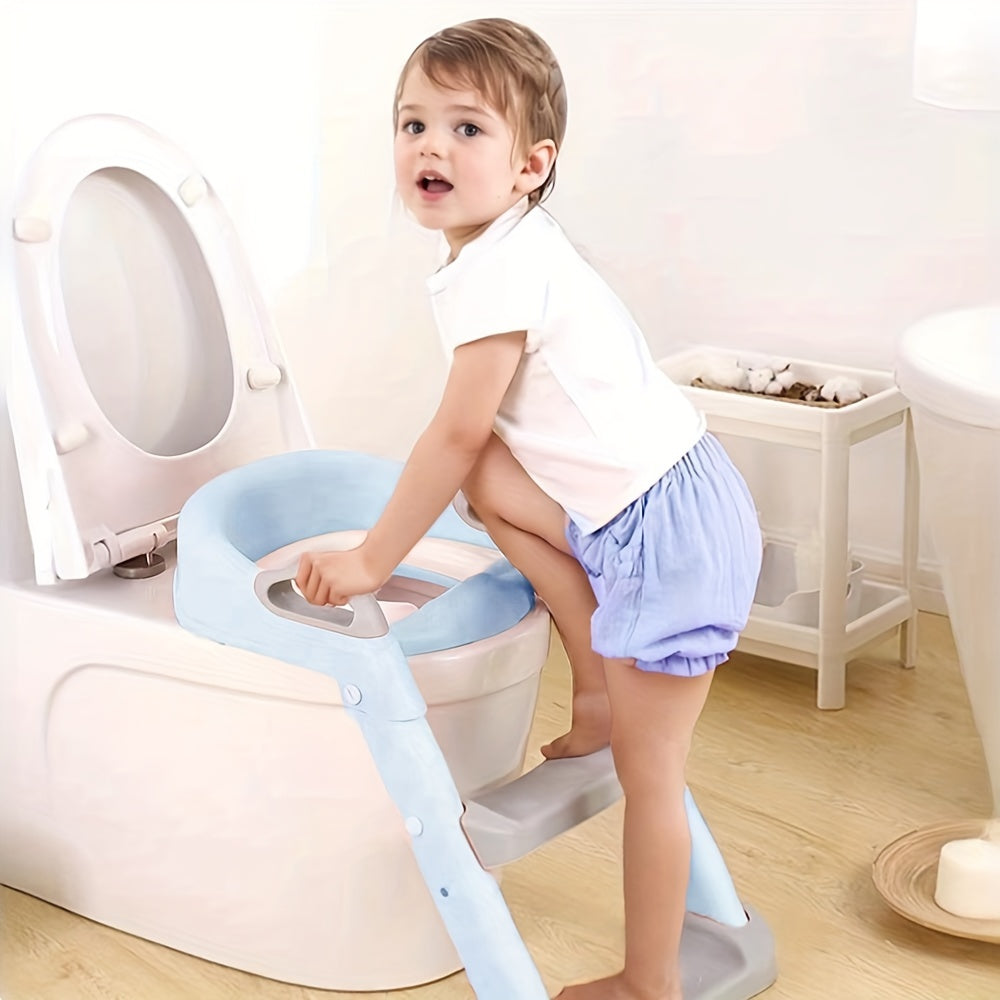 Toilet ring holder with folding ladder stool.