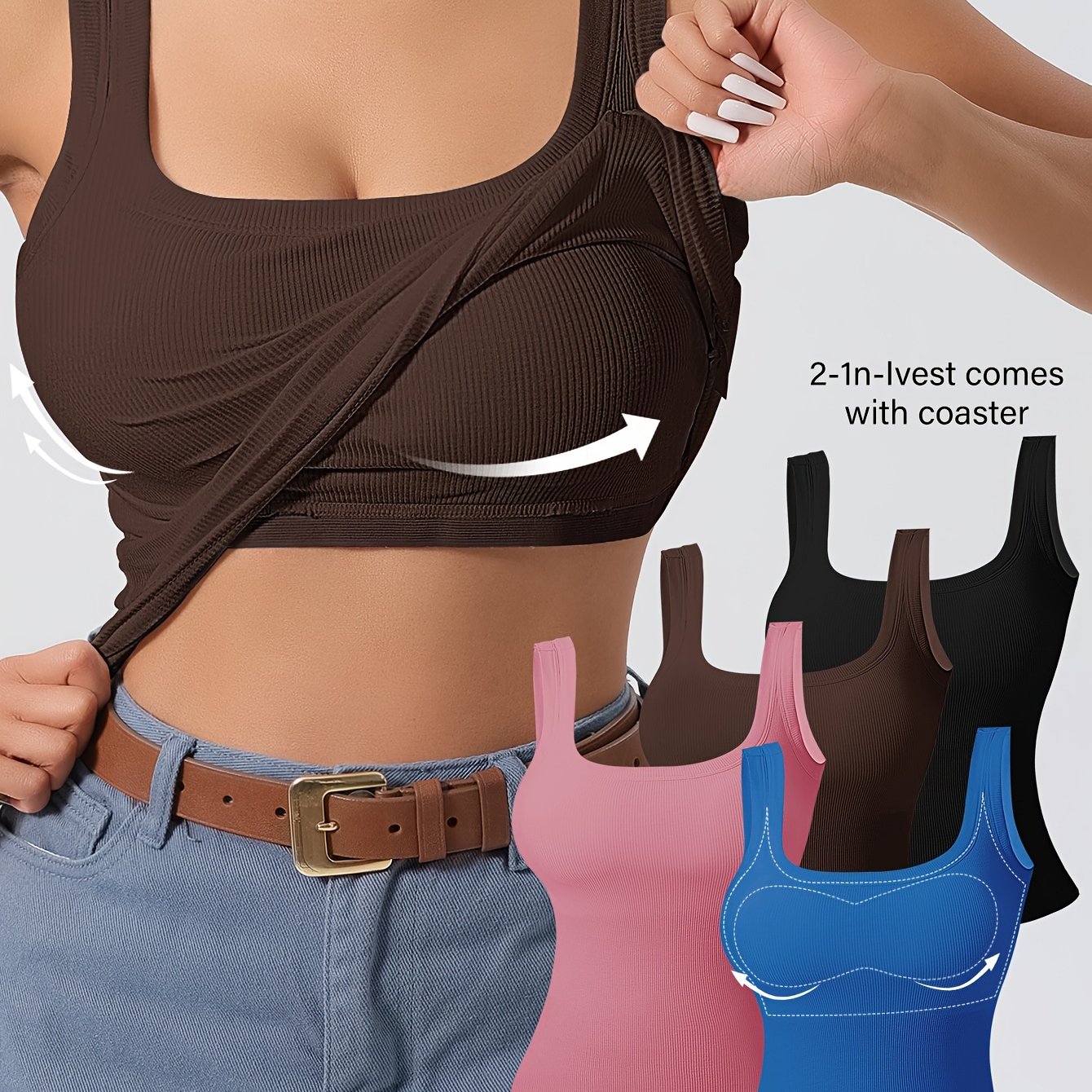 4 Women's U-Back Tank Tops with Removable Pads - Slim Fit, Solid Color, Breathable Rayon Blend for Casual Wear or Layering, Strapless Vest, Smooth Texture