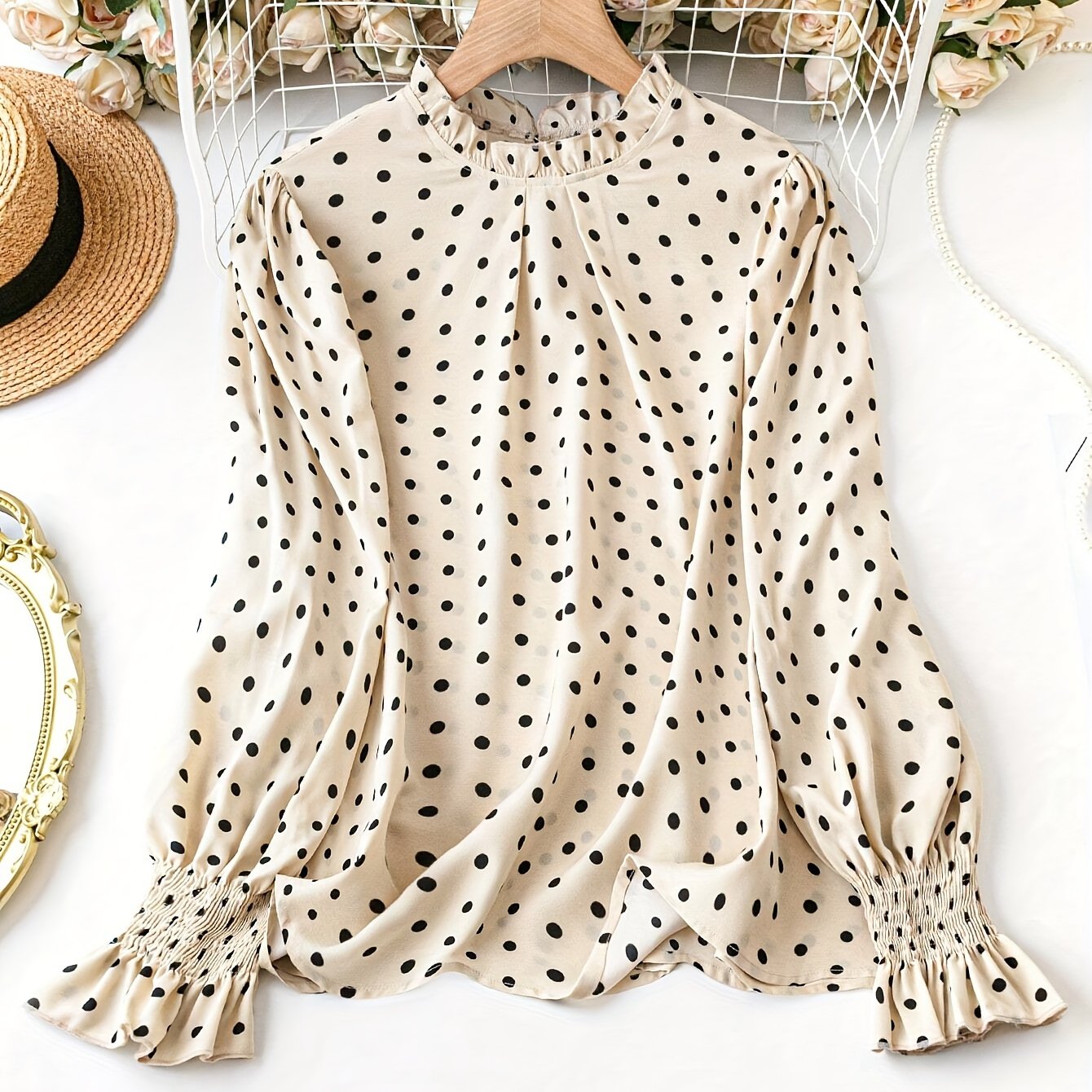 Plus Size Polka Dot Blouse with Shirred Cuffs, Crew Neck, and Long Sleeves for Spring & Fall, Women's Plus Size Clothing.