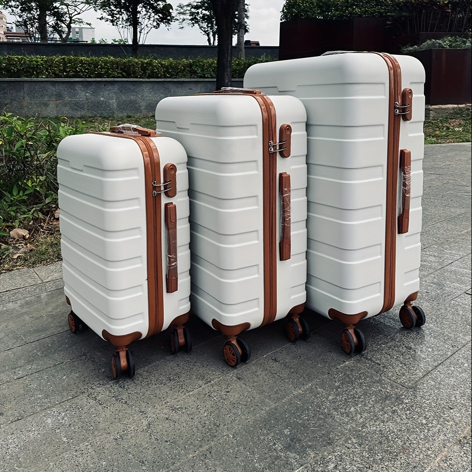 3-piece spinner luggage set with durable wheels, hard shell design, zipper closure, TSA lock, iron handle, ABS+PC body, and lightweight construction for women in sizes 50.8cm, 60.96cm, and