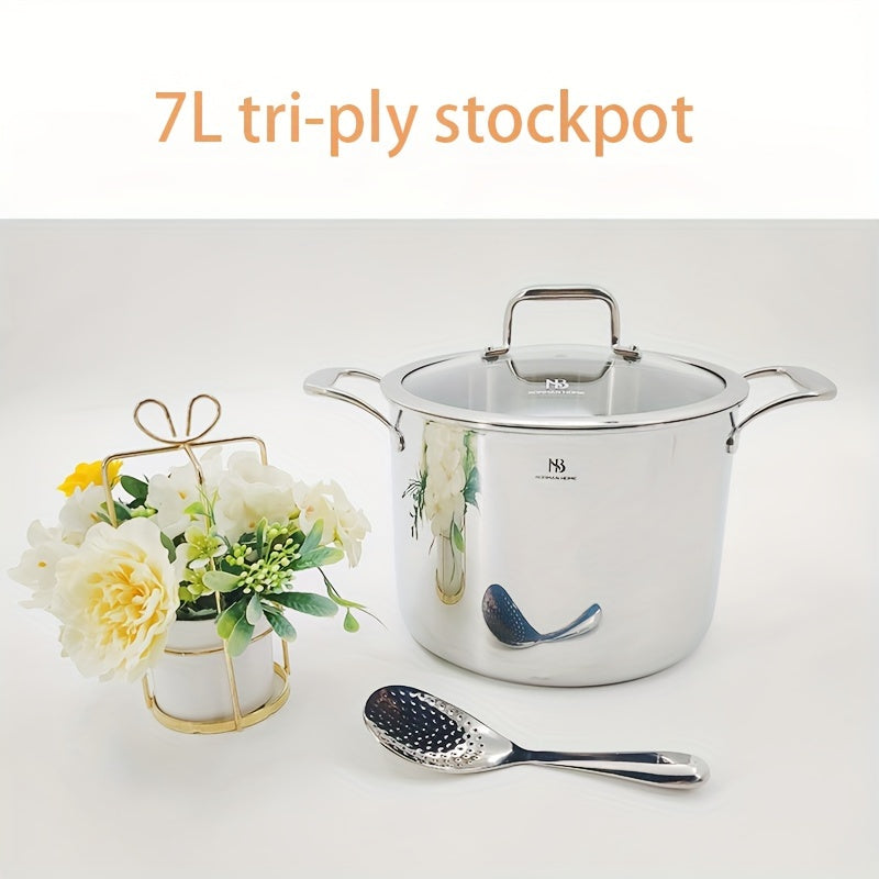 One 7L Stainless Steel Stockpot with Glass Lid - 304 Triple-Layer Deep Cooking Pot, Ideal for Large Size Kitchen Cookware, Suitable for Electric, Induction, and Gas Stovetops - Includes 1 Pot