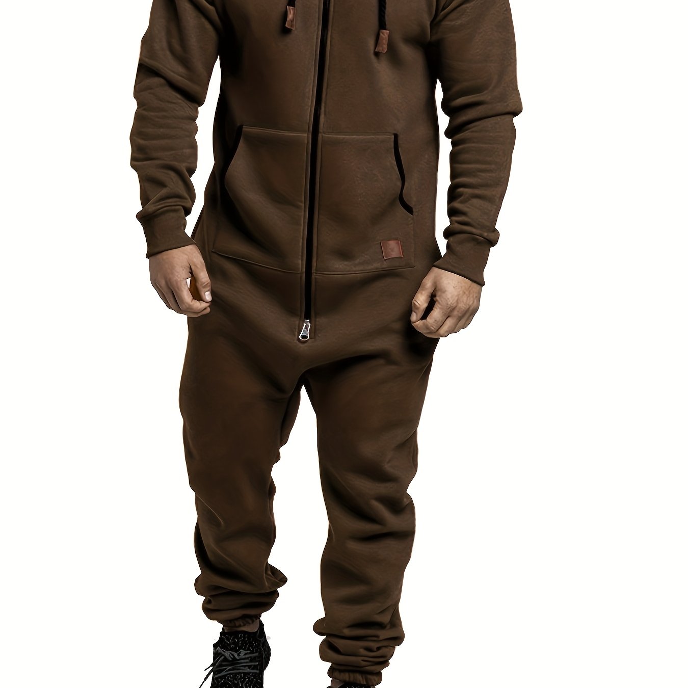 Men's beige polyester jumpsuit with hood, long sleeves, zip-up front, and pockets, suitable for machine washing in autumn and winter.