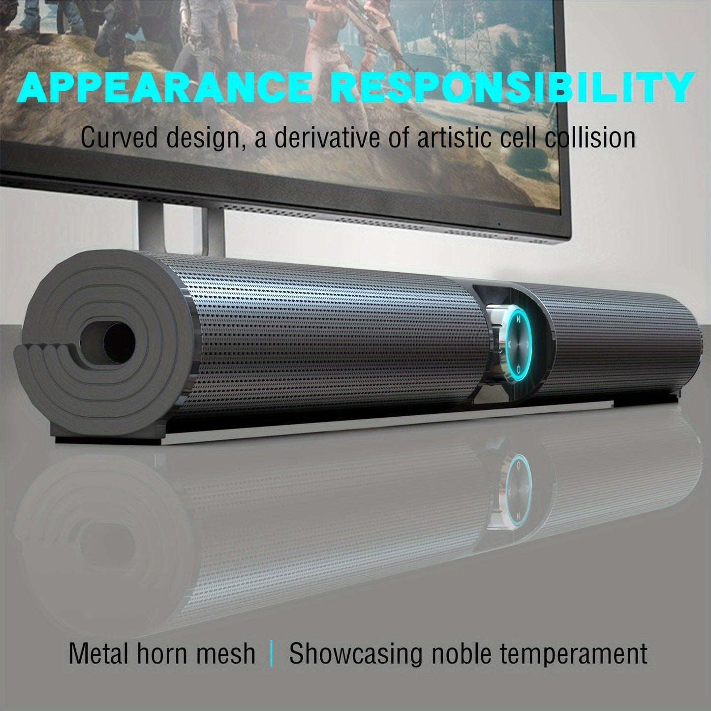 Wireless 5.3 soundbar with powerful bass, surround sound, USB & AUX input, tabletop stereo system, button control, IR receiver, 2000mAh battery, Type-C charging - perfect for music players.