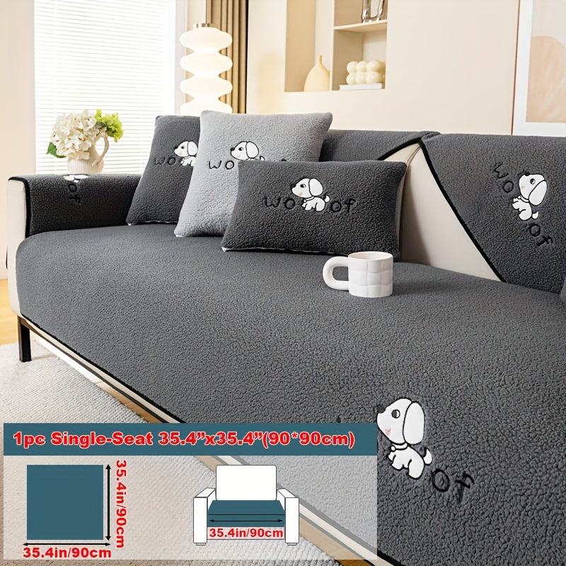 Soft Sherpa sofa cover, pet-friendly, non-slip, machine washable.