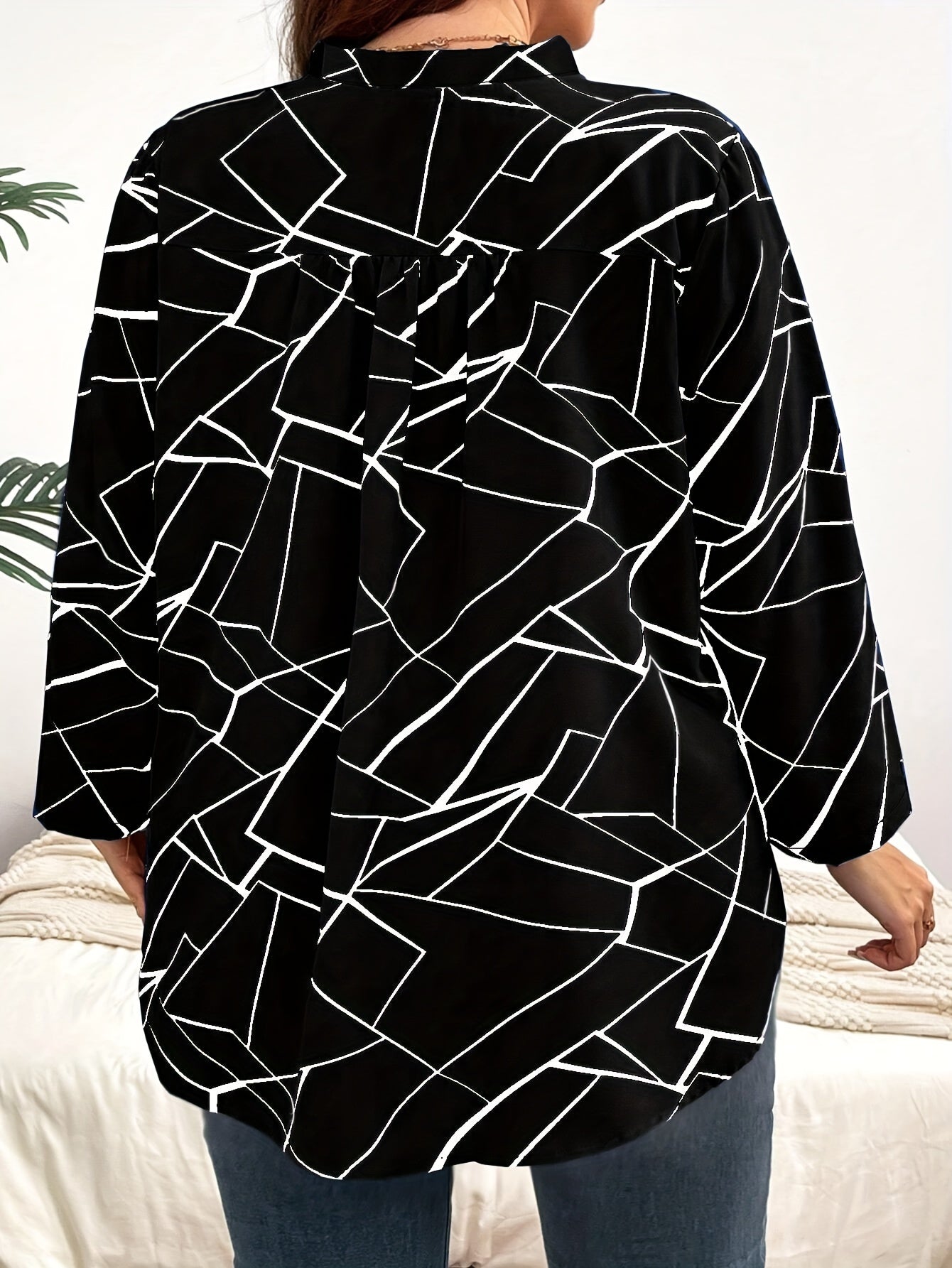 Geometric print blouse with V neck and roll tab sleeves for spring, plus size women's clothing