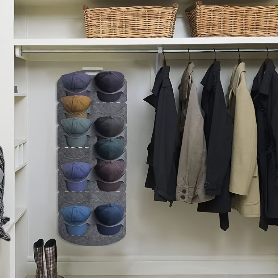 Wall-mounted storage option for baseball caps with seven shelves, this versatile linen hat organizer is perfect for keeping your caps tidy and easily accessible. It also doubles as a portable travel cap holder.