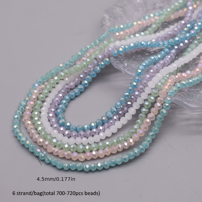 720 pieces of faceted glass rondelle beads measuring 4mm each, sold in a convenient bag. Perfect for crafting jewelry, DIY projects, and adding embellishments to clothing items such as necklaces, bracelets, and more.