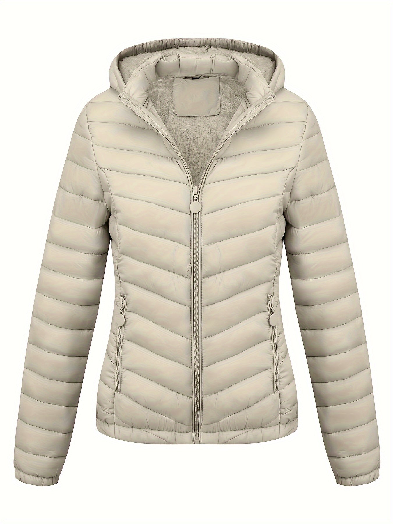 Zip-up Puffy Coat with Slant Pockets for Fall & Winter, Women's Clothing