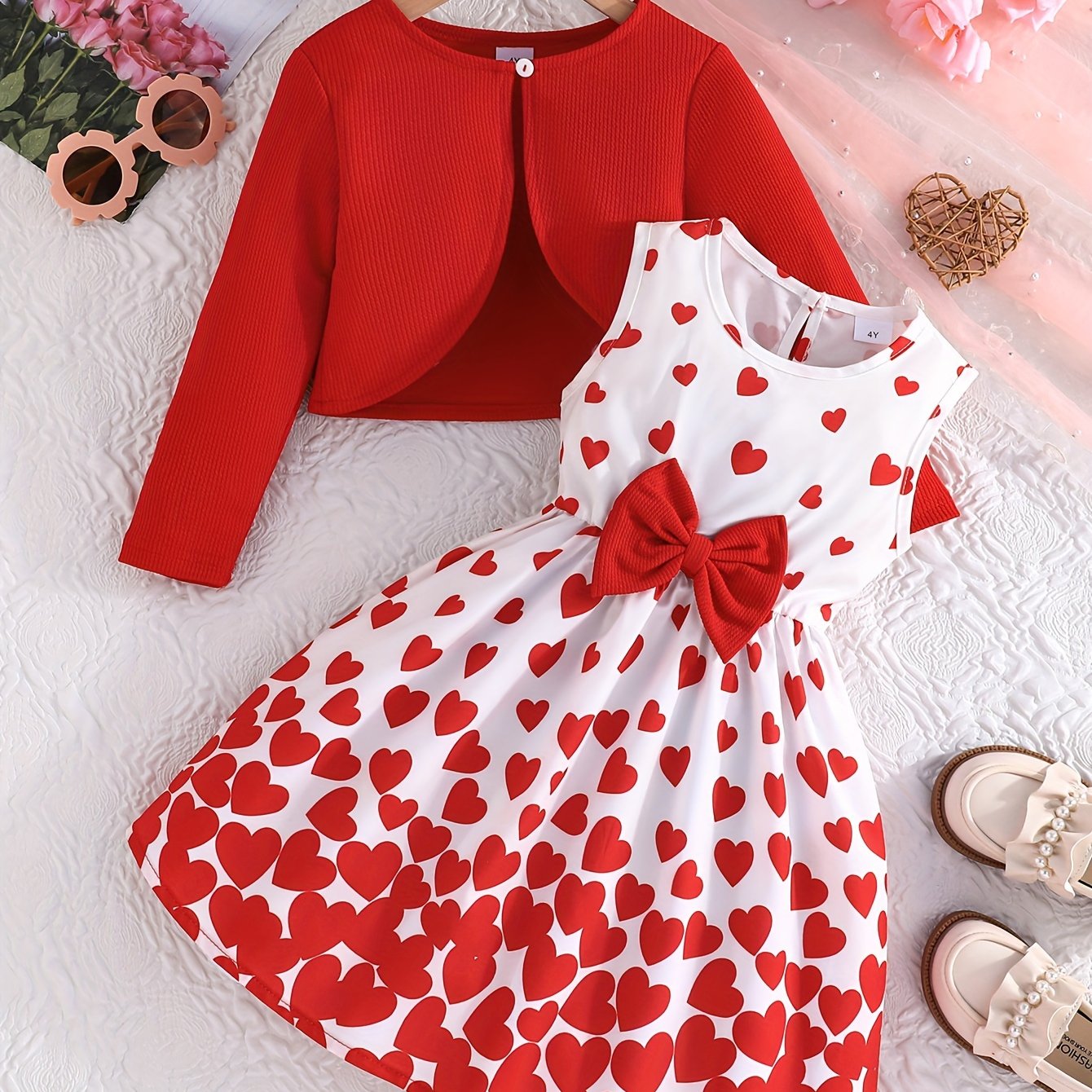 Romantic 2pcs Valentines Day Outfit for Girls - Long-sleeved Cardigan + Sleeveless Sundress Set