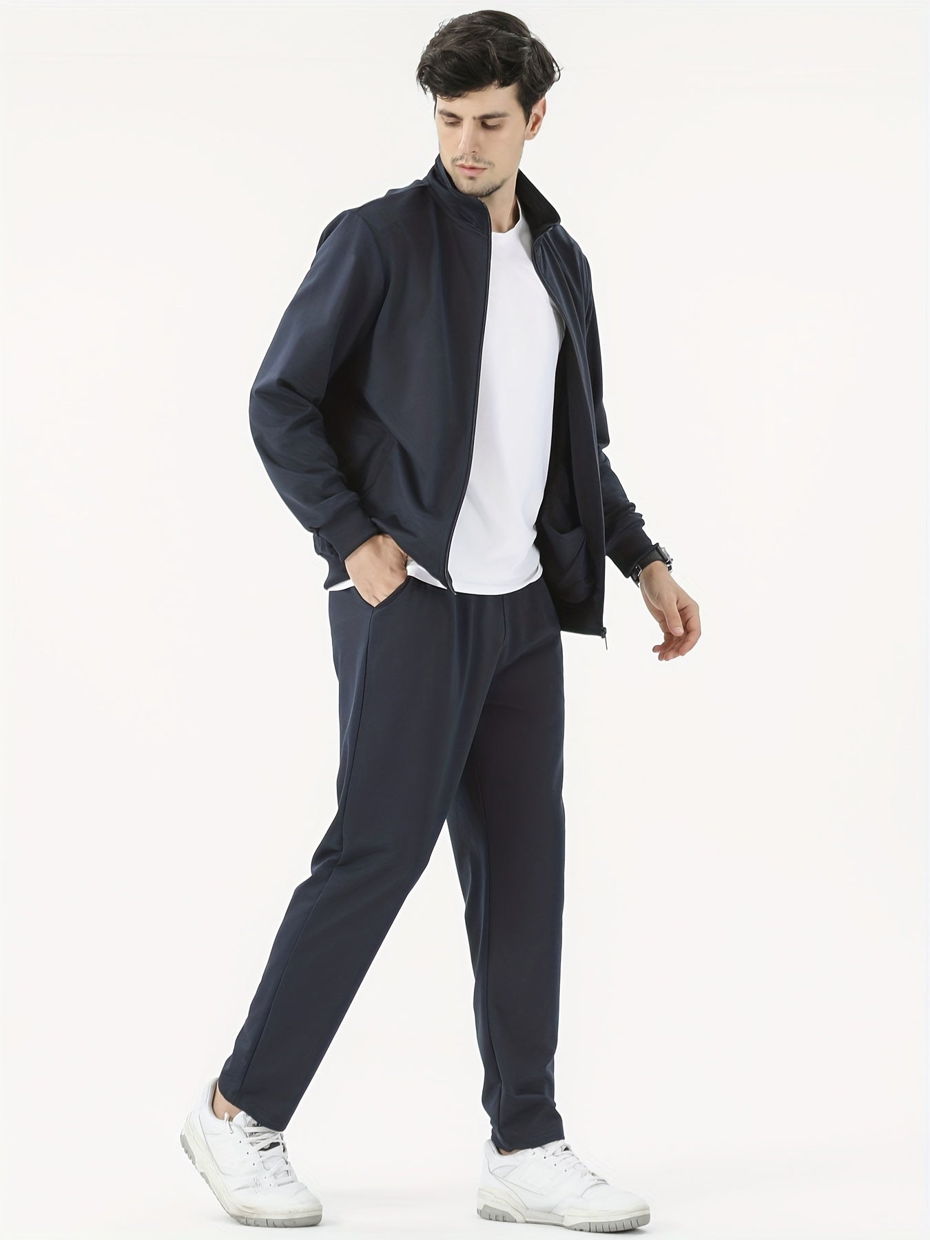 Men's 2-piece outfit with stand collar jacket and drawstring sweatpants for casual wear in spring and autumn.