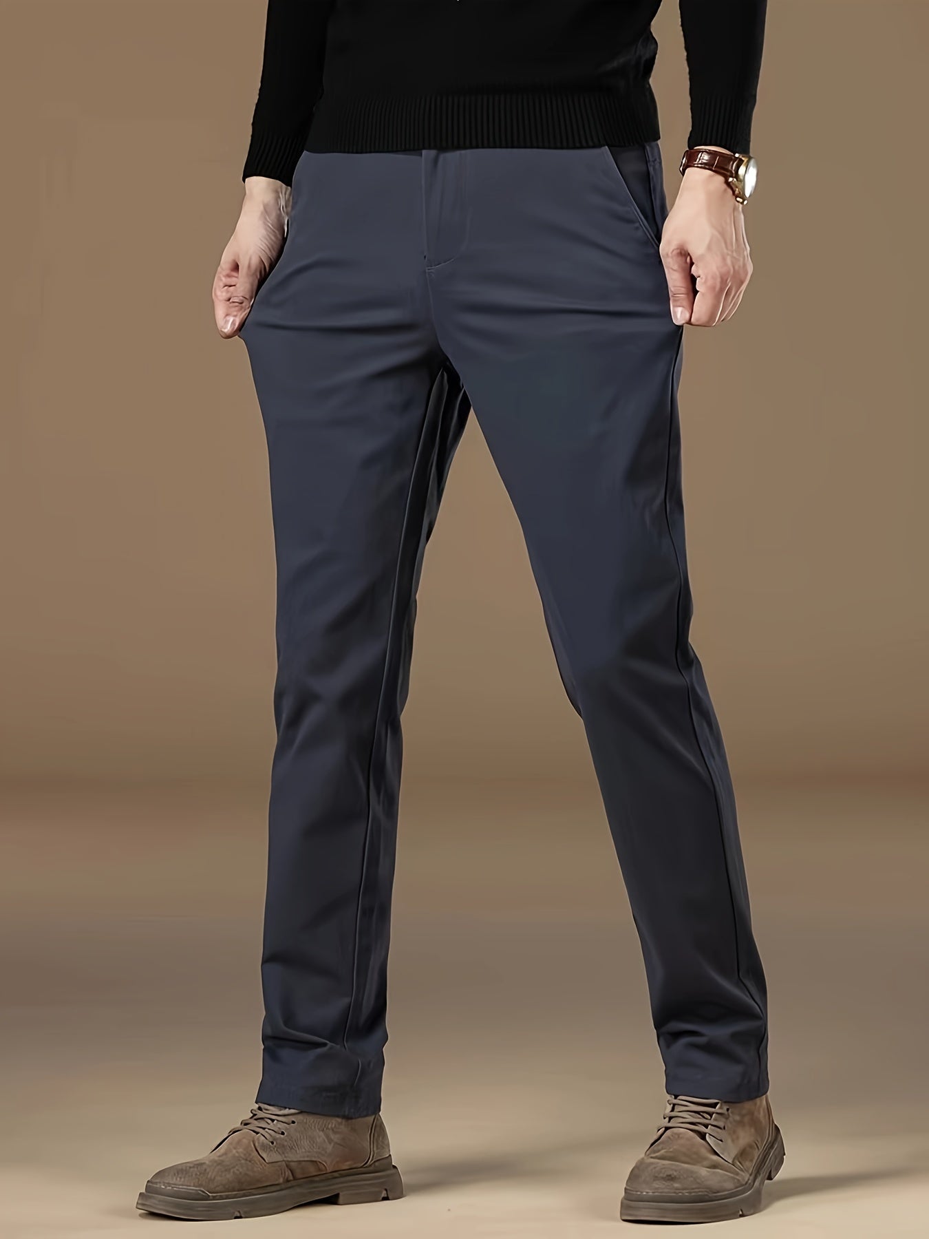 Men's business casual cotton blend pants with a regular fit, straight leg, solid color, no belt, ideal for spring/autumn. Features pocket detail, button closure, mid-waist, and woven fabric.