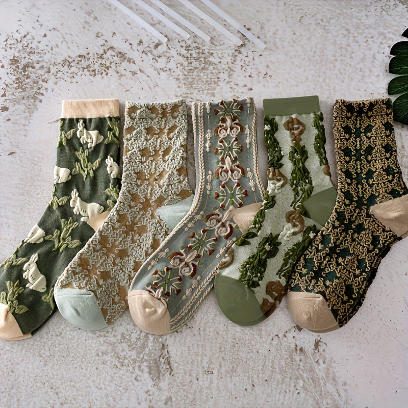 5 pairs of floral print mid tube socks for women, comfy and breathable