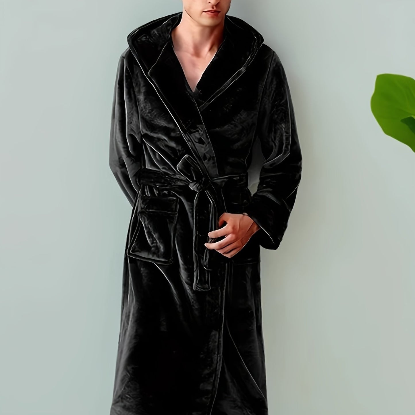 1pc Men's casual long sleeve hooded robe made from solid color polyester knit fabric with pockets, slight stretch, and regular fit suitable for all seasons.