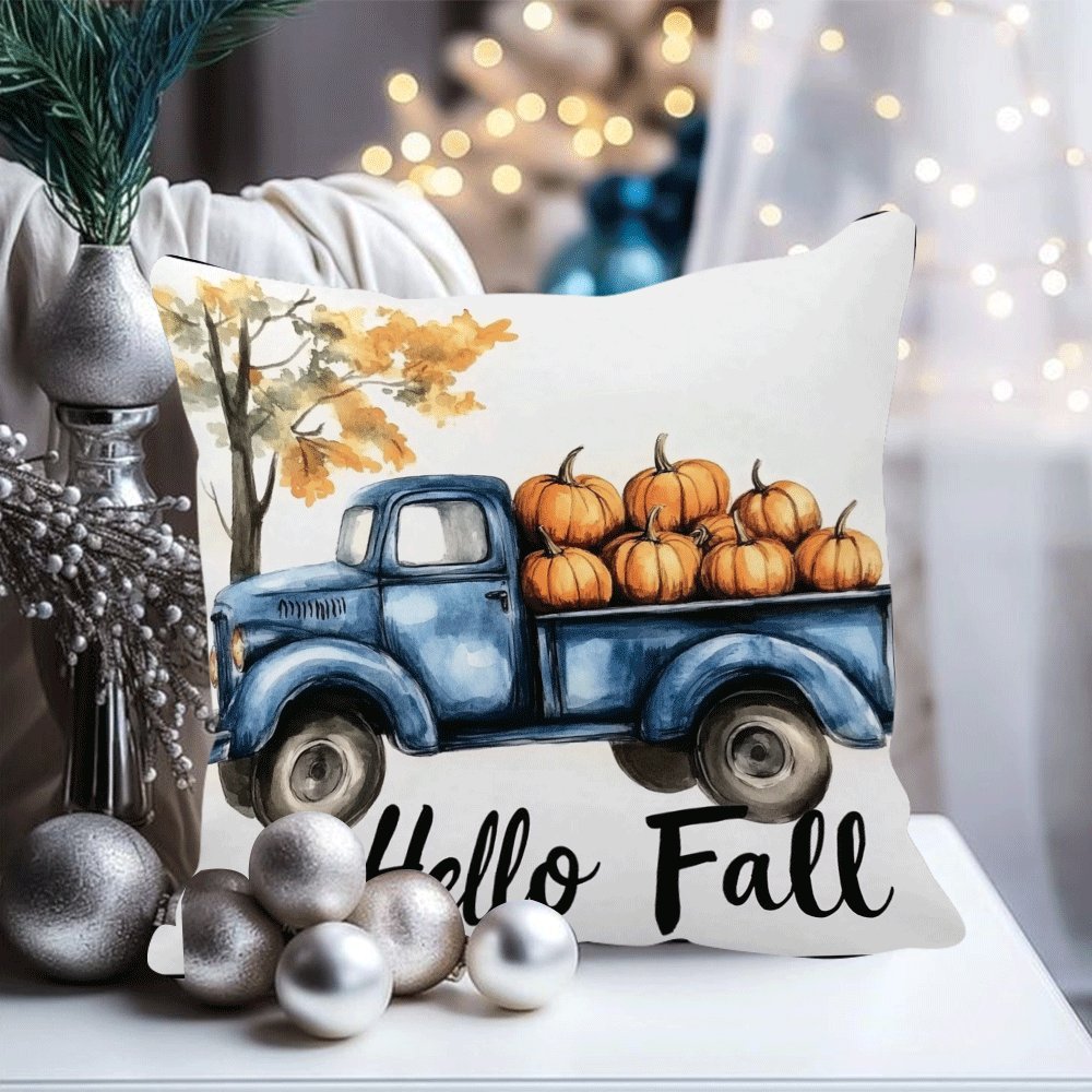 Modern Flannel Pillow Cover, 45.72X45.72 cm, Blue Truck and Pumpkin Design, Zipper Closure, Machine Washable, All-Season Comfort for Back Sleepers - Decorative Cushion Case for Home, Bedroom, Camping (1pc, Insert Not Included)