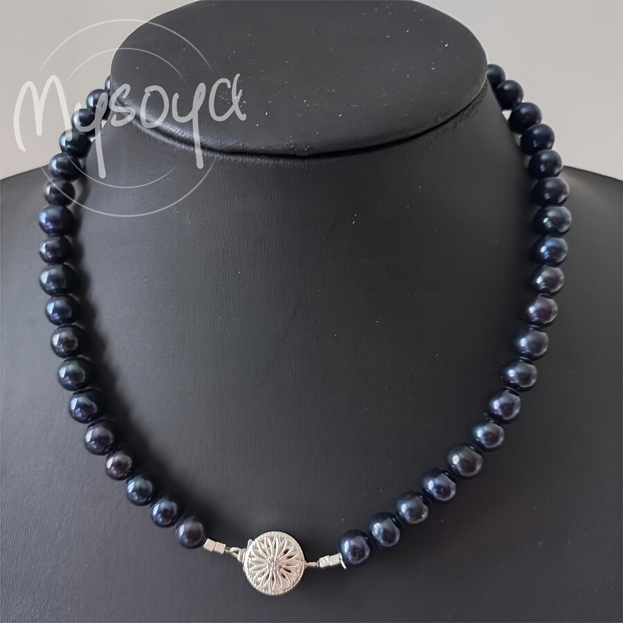 Deluxe Midnight Blue Freshwater Pearl Necklace, featuring 8-9mm Natural Pearls and a Silvery Flower Clasp. June Birthstone, suitable for both Daily Wear and Special Occasions. Comes in a Gift Box, making it a perfect Valentine's Day gift for Him or Her.