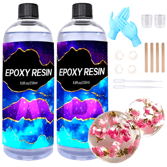 Crystal clear epoxy resin kit with measuring cup, stir stick, and gloves - ideal for mold casting, jewelry making, and crafts, with no bubbles.