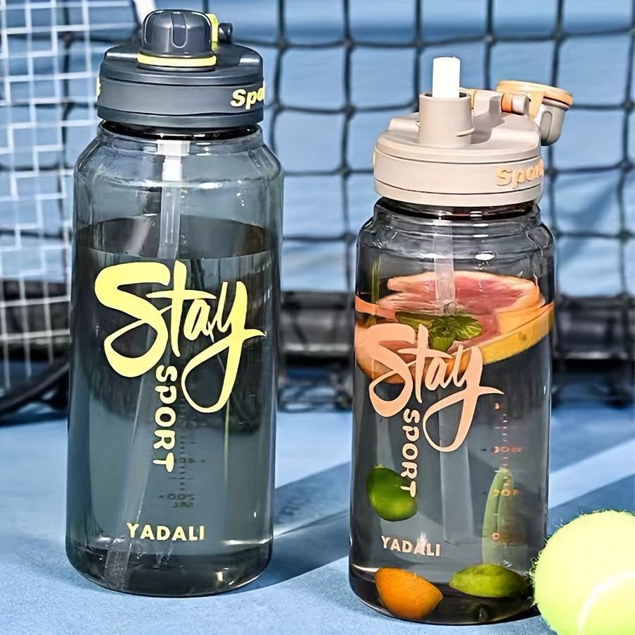 One leak-proof large capacity sports water bottle with straw, clear with "STAY HYDRATED" label, perfect for outdoor activities and fitness. Made of durable, portable, BPA-free plastic.