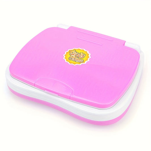 Mini laptop toy for kids - Educational and entertaining puzzle pad, easily portable, battery-free, available in pink or blue.