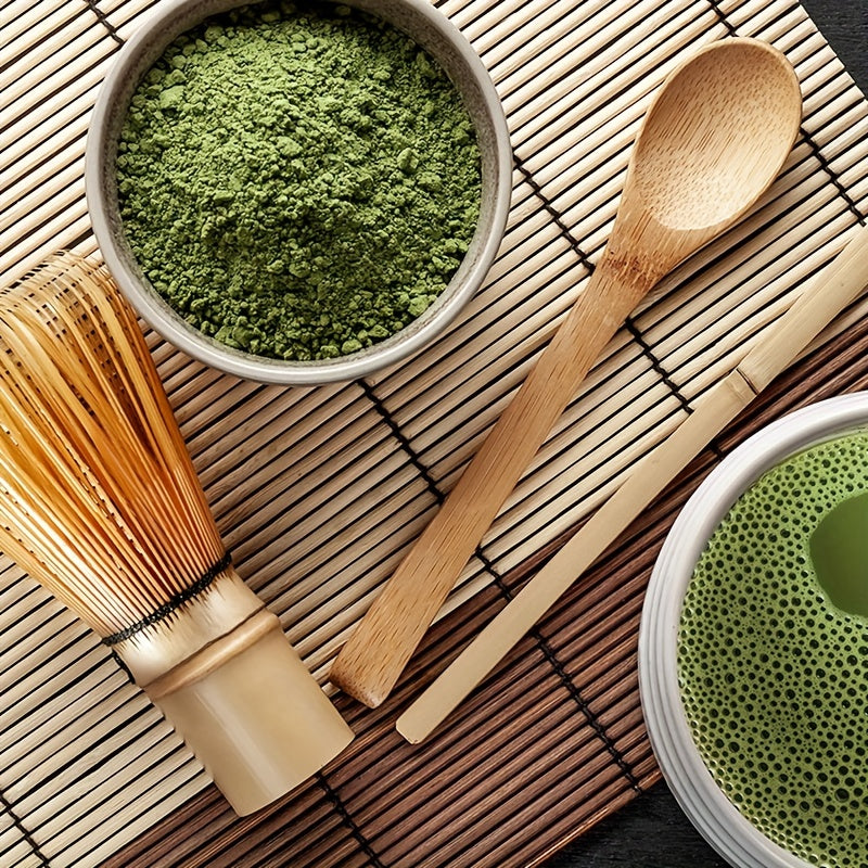 Traditional handmade starter kit includes a set of 3 pieces: matcha whisk, scoop, and spoon for whisking matcha tea. Kit includes a whisk (chasen), scoop (chashaku), and spoon.