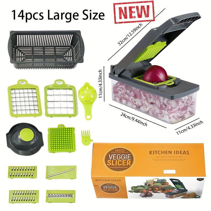 Get the 14/16pcs Multi-Functional Vegetable Cutter Set: Manual Food Grater Slicer with Container, Stainless Steel Interchangeable Blades, Plastic Kitchen Gadgets for Chopping, Shredding, Mincing - No Electricity Required