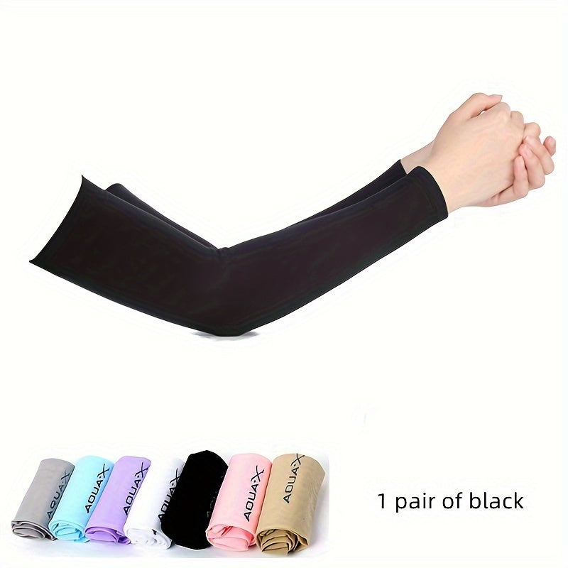 Protective arm sleeves made of high-elastic nylon ice fabric provide UV protection for various outdoor activities such as driving, fishing, running.