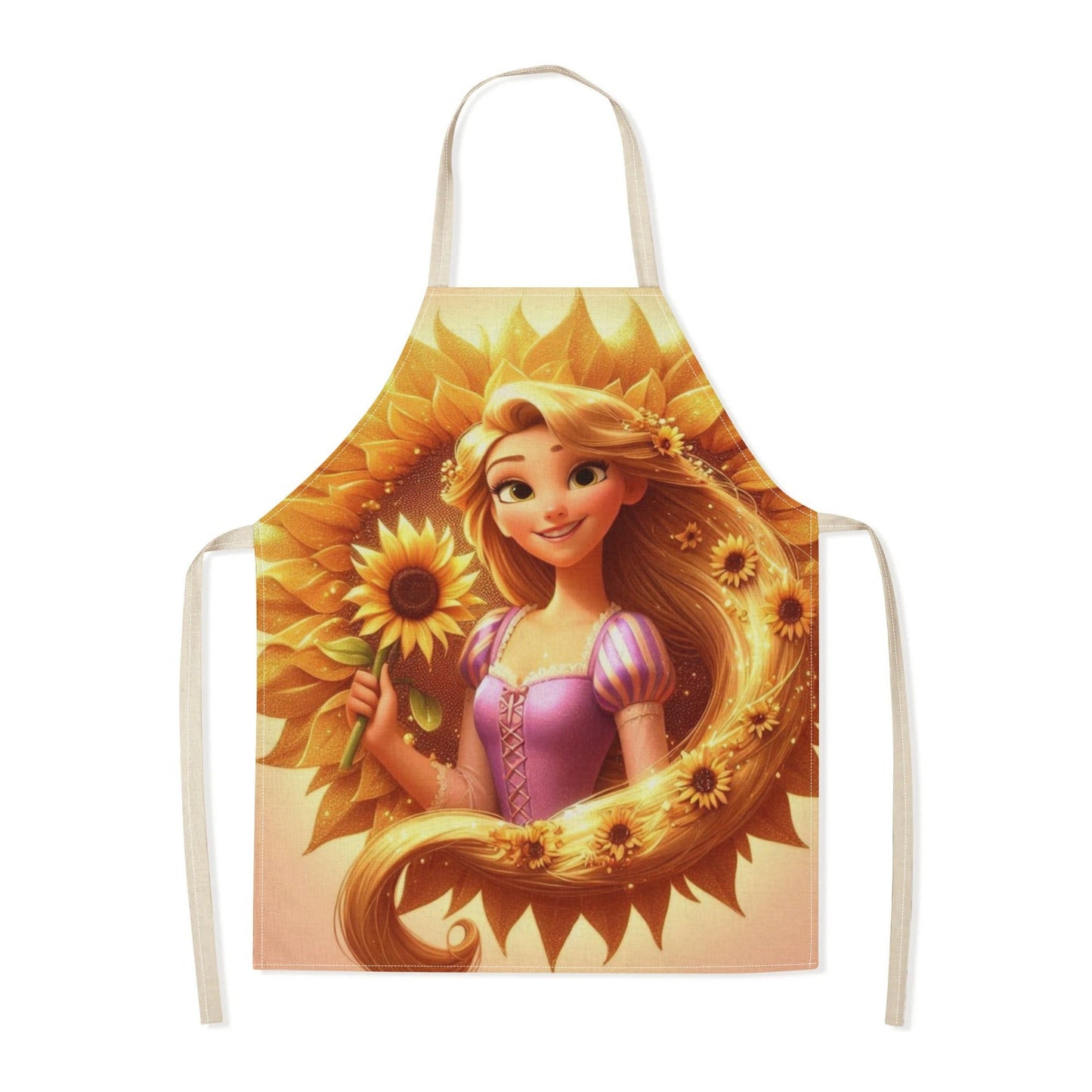 Waterproof Disney Elsa apron featuring a vibrant cartoon princess design with sunflowers. Perfect for use in homes, restaurants, cafes, and supermarkets. Made from durable polyester for easy care and versatility. Glossy finish adds a polished touch to