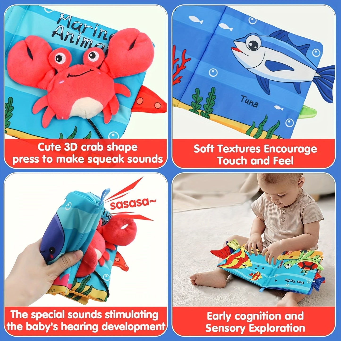 Soft crinkle books with 3D touch and high contrast colors for early education, along with shark tails teething toys and teether ring. A perfect gift for toddlers in random colors.