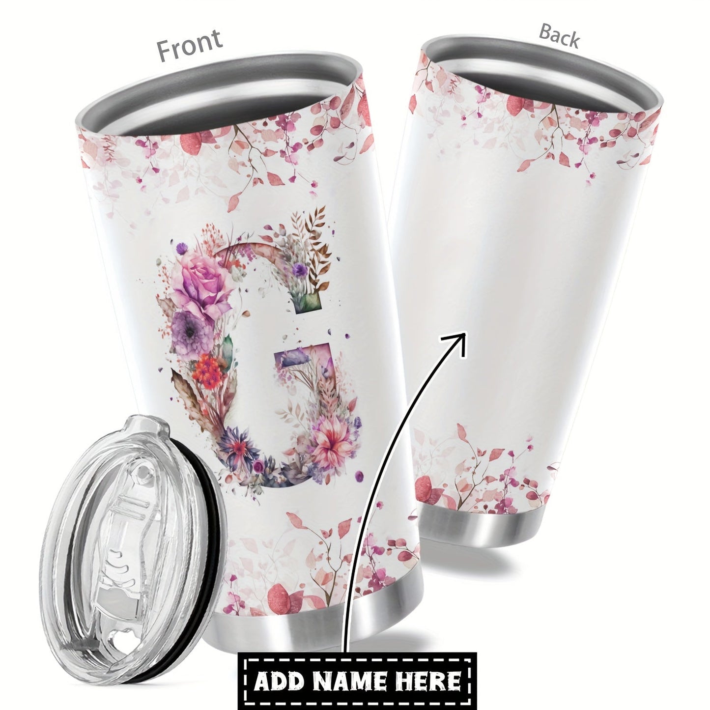 Customize your daily essentials with our Hsdiokl 20oz Insulated Stainless Steel Tumbler featuring a personalized name and flower design. This oval metal mug comes with 2 BPA-free lids, perfect for hand washing and multipurpose use. Designed for adults