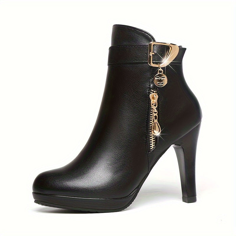 Stylish women's ankle boots with pointed toe, high heel, side zipper.